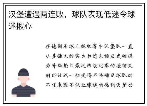 汉堡遭遇两连败，球队表现低迷令球迷揪心
