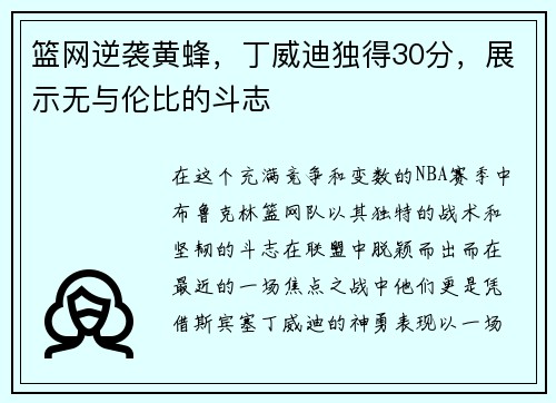 篮网逆袭黄蜂，丁威迪独得30分，展示无与伦比的斗志